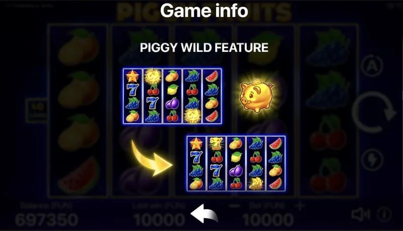 Piggy Fruits - tela de jogo com grade 5x4 e símbolos de frutas